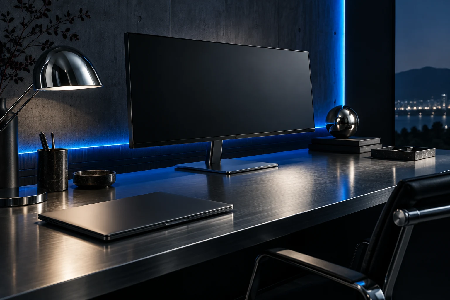 An intelligent workspace with sleek digital tools and blue illumination