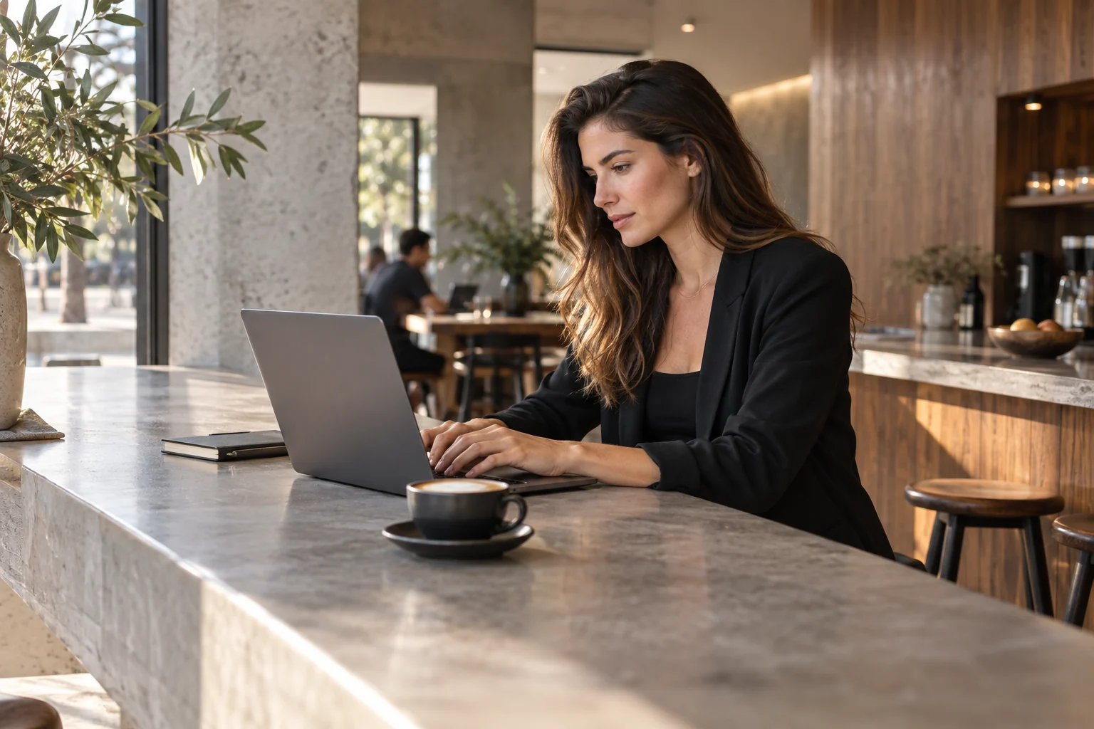 Business owner working at a thoughtfully designed café counter