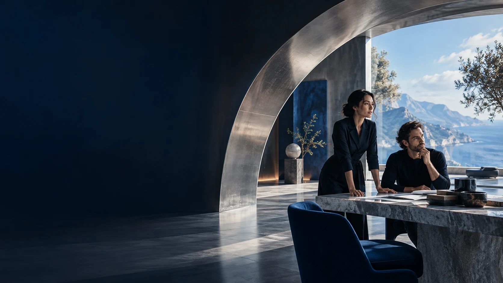 Business founders in a sculptural modern studio with dramatic blue architectural light